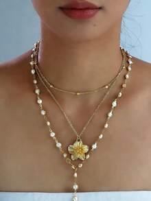 2pcs Fashionable Minimalist Flower Pendant Faux Pearl Y-Necklace, Layered Necklace For Women, Suitable For Vacation, Date, Party, Festival, Birthday, Daily Wear - Vàng - Xem 5