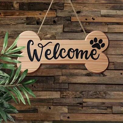 2D Flat Country Style Welcome Dog Bone Sign With Paw Print Pattern - Farmhouse Wall Decor, Suitable For Home, Porch Or Garden - Perfect For Easter And Spring | Handmade Faux Wood Craft | Porch Decor | Dog Themed Sign | 2D Flat