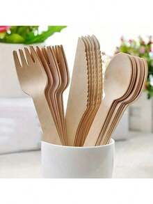 150pcs Wooden Cutlery Set, Includes 50 Compostable Forks, 50 Wooden Spoons And 50 Knives - Disposable Wooden Tableware Set - Cutlery Set For Outdoor, Party, Camping And Picnics - Apricot - View 1