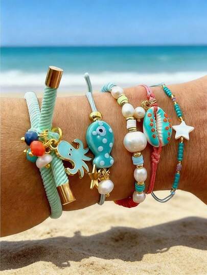 5pcs/Set Fashionable & Elegant Ceramic Beaded Bracelet Set With Charms Like Octopus, Seashell, Fish, Suitable For Women's Daily, Casual, Party, Music Festival, Beach, Shopping Outfit