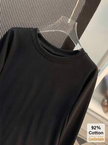 Women's Long Sleeve T-Shirt, Black Solid Color Slimming Inner Layer Base Top, Versatile For Autumn/Winter Casual - Black - View 6