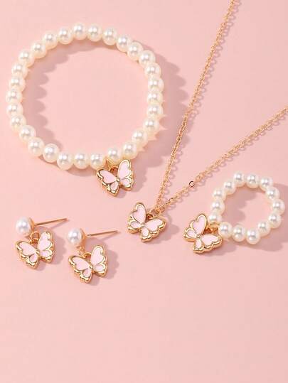 5pcs/Set Girls Cute Butterfly Beaded Necklace, Bracelet, Ring, Earring Jewelry Set, Suitable For Daily Wear, Parties, Ideal Accessories And Gifts For Girls