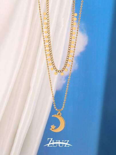 2 piezas Collar con colgante de luna de acero inoxidable de moda para mujer, colgante redondo de doble capa, joyería femenina para decoración diaria