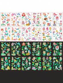 12Pcs Glow-In-The-Dark Luminous Tattoo Stickers From The Mermaid Series, Shining In The Dark, Featuring 130 Cartoon Mermaids And Underwater Creatures, Artistic Waterproof Fun Temporary Tattoos, Perfect Birthday Party Gift - Multicolor - View 4