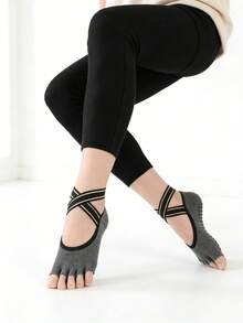 Women's Non-Slip Five-Toe Yoga Socks | Criss-Cross Design | Silicone Non-Slip Socks Suitable For Pilates, Ballet, Dance And Home Fitness, Grey - Multicolor - View 3