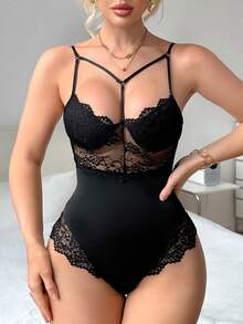 Bộ đồ lót liền thân gợi cảm, bộ đồ liền thân dây mảnh ren quyến rũ, bộ đồ liền thân và quần legging dành cho nữ, bộ đồ liền thân sexy. - màu đen - Xem 2