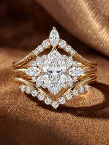 3pcs 925 Sterling Silver V-Shaped Zirconia Inlaid Rings Set, Vintage Fashion Party Birthday Jewelry Gift For Women - Gold - View 6