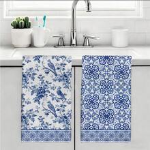 MEMNUN 2条海军蓝花鸟意大利瓷砖印花厨房毛巾，15.75*23.62英寸（40*60厘米），超柔软吸水超细纤维洗碗布，厨房装饰，家居用品，可机洗，适用于餐厅、厨房、家居装饰和礼品，四季皆宜。 - 彩色 - 查看 10