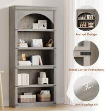 Farmhouse - Estantería arqueada de 69 Pulgadas de Alto con diseño de Arco, Estante de Madera con Base de Madera, estantería de 5 Niveles rústico clásico para Sala de Estar, Biblioteca de - Gris - Ver 3