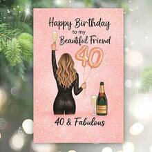 Cartão de aniversário de 40 anos para amiga - 'Feliz aniversário para minha linda amiga, 40 e fabulosa' - Ilustração divertida de champanhe e balão - Inclui envelope - Presente perfeito e glamoroso para celebrar o aniversário de 40 anos da sua melhor amiga com estilo e alegria. - Peça única - Ver 2