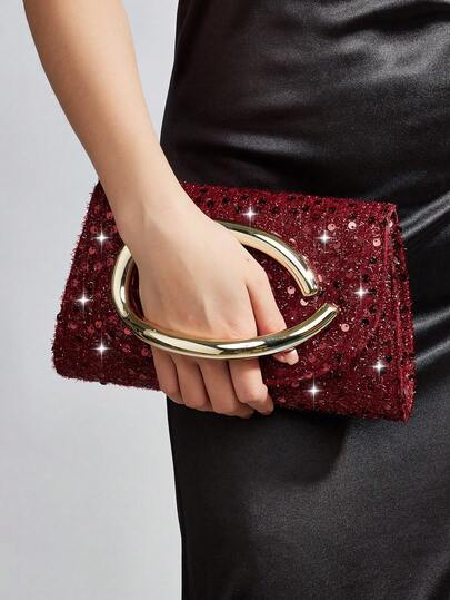 REMANLAND Luxurious Sparkling Wine Red Glitter Clutch Bag, Featuring Curved Metal Trim, Fully Decorated With Sequins, Bold Circular Metal Details And Minimalist Envelope-Style Flap. An Elegant Choice For Formal Dinners, Fashion Events And Galas. An Ideal Gift For Women.