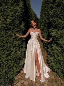 Strapless Sweetheart Wedding Dress, High Slit Satin Skirt, Vintage Glam Bridal Gown, Wedding Dresses For Bride, Reception Dress, Elegant And Comfortable, Suitable For Wedding, After-Party, Party, Vacation, Bride, Formal Occasions, Dinner Dress, Prom Dress, Homecoming Dress, Cocktail Party, Birthday Party - 白色 - 查看 2