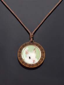 1PC Animal Themed Rabbit Pattern Dome Glass Inlaid With Retro Texture Design Wooden Pendant Necklace, Paired With A Rope Chain, Suitable For Daily Wear Or As A Holiday Gift. - Chocolate Brown - View 5
