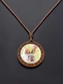1PC Animal Themed Rabbit Pattern Dome Glass Inlaid With Retro Texture Design Wooden Pendant Necklace, Paired With A Rope Chain, Suitable For Daily Wear Or As A Holiday Gift. - Chocolate Brown - View 1