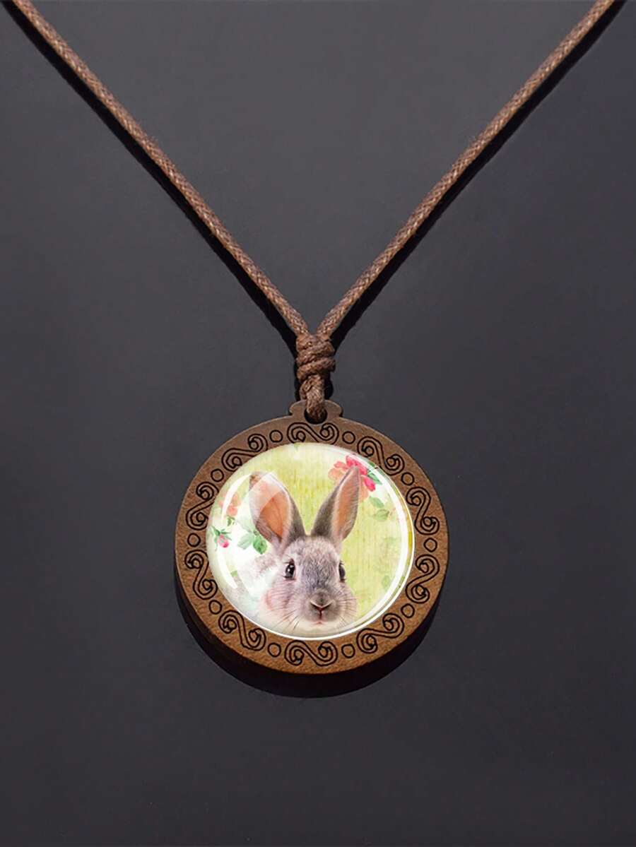 1PC Animal Themed Rabbit Pattern Dome Glass Inlaid With Retro Texture Design Wooden Pendant Necklace, Paired With A Rope Chain, Suitable For Daily Wear Or As A Holiday Gift. - Chocolate Brown - View 1