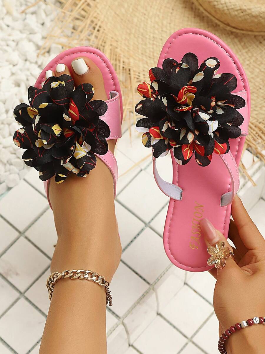 2026 New Summer Beach Rhinestone Sandals, Flat Slip-On Slippers, Fashionable Pink Floral Flat Beach Sandals - Pink - View 1