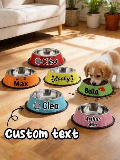 1pc Customizable Stainless Steel Pet Food Bowl, Customizable With Pet Name, Anti-Slip Anti-Spill Pet Feeding Bowl, Cute Multi-Color Printed Customized Text Pet Bowl, Pet Supplies, Universal Dog Cat Food Water Bowl, Birthday Holiday Dog Cat Gift, Suitable For Indoor Feeding, Pet Stores, Grooming Salons, 3 Sizes 6 Colors Available