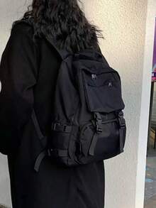 Classic Casual Minimalist Style Backpack, Solid Color Design, Fashion Versatile, Large Capacity Multi-Pocket, Adjustable Shoulder Strap, Suitable For Outdoor Sports, Travel, Commuting, Student, Shopping And Other Occasions, An Ideal Schoolbag. - 黑色 - 查看 3