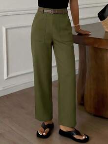 Spring Summer Women Casual & Fashionable High Waist Straight Leg Pants With Pockets, Olive Green, Vacation Beach Office School Outfits For Women - 橄欖綠 - 查看 2