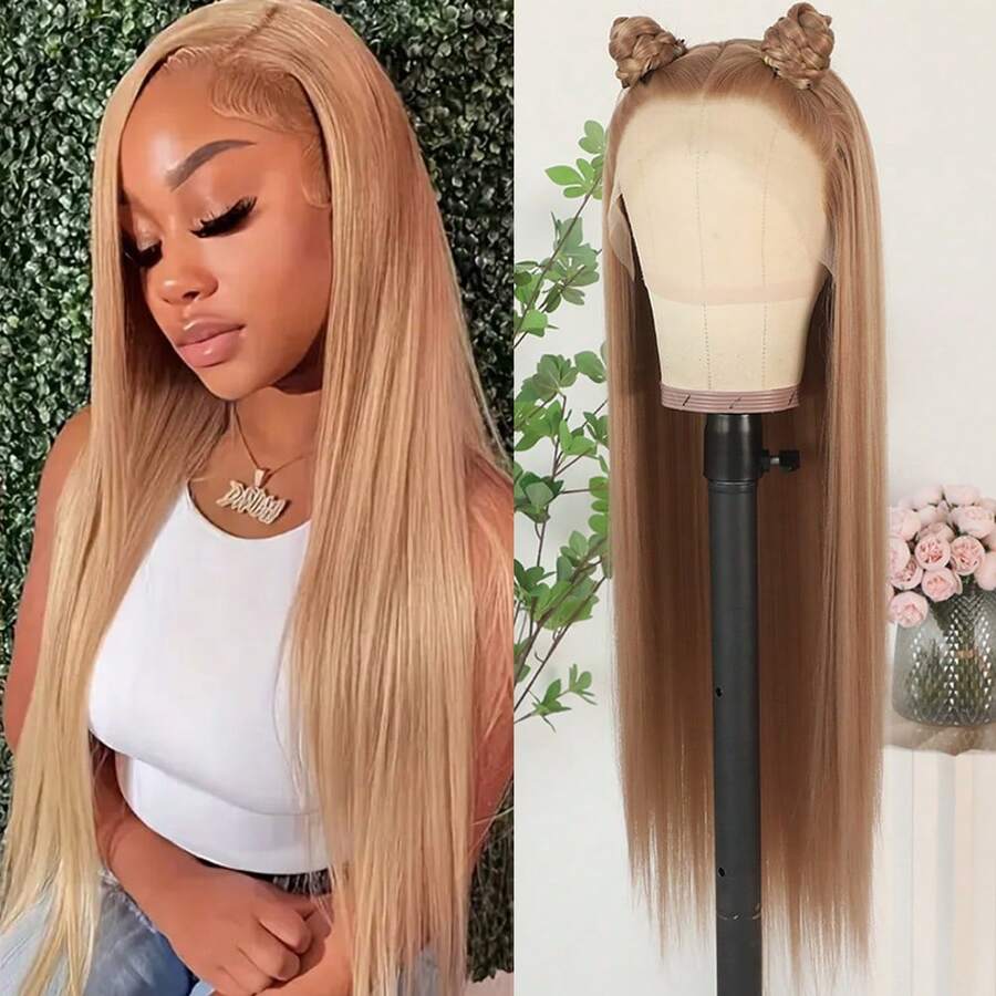 13x4 Free Part Mint Green Long Straight Lace Front Wigs Glueless Long Silky Straight Wigs Pre Plucked HD Lace 180% Density Light Green Wig Soft Free Part Wear And Go Lace Front Wigs For Fashion Women Party & Daily Wear 26 Inch - 挑染金色 - 查看 1