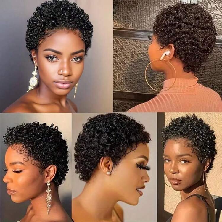 Peluca rizada afro corta de alta densidad al 150% para mujeres, peluca corta de corte pixie totalmente hecha a mano, adecuada para uso diario y fiestas, con diseño de cabello corto en capas - Natural Black - Añade 6
