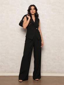 Tailored Vest And Wide-Leg Trousers Set With Decorative Closure, Made Of Louis Twill Fabric With Pockets. An Elegant And Powerful Look For Work, Events, And Meetings. A Sophisticated Two-Piece Set For Women Who Value Style And Confidence. - 黑色 - 查看 2