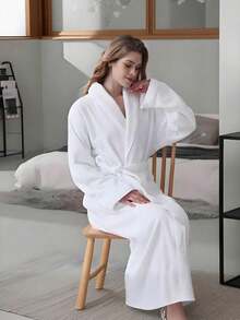 1 chiếc áo choàng dài tay dày dặn, unisex, đồ mặc nhà mềm mại có túi, áo choàng tắm đôi cho mùa thu/đông, đồ dùng phòng tắm - trắng - Xem 3