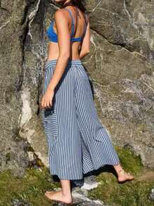 Women's High Waist Drawstring Stripe Wide Leg Pants-Loose Casual Lounge Palazzo Trousers With Pockets Y2K Comfy - Màu xanh lam - Xem 3