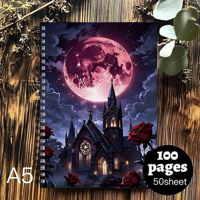 Red Moon And Rose Cathedral Spiral Notebook - High-Quality Paper, Gothic Architecture Design, With Vibrant Pink Moon And Rose, Suitable For Office, School And Personal Use, Perfect Gift For Friends, Teachers And Students, Detailed Illustrations On Notebook Cover, Gothic Architecture Notebook