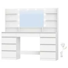 HaluPeit Dressing Table With Bulb Light, Vanity Desk With 1 Large Drawer And 8 Small Drawer Cabinets, Adjustable Brightness, Large HD Mirror, 9 Open Storage Areas, 150 Desktop, White - White - View 9