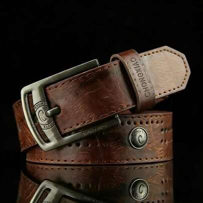 1 pieza Cinturón casual de cuero de PU con estampado de mezclilla vintage para hombres, hebilla de aleación con diseño de letra de vaquero occidental para todas las estaciones