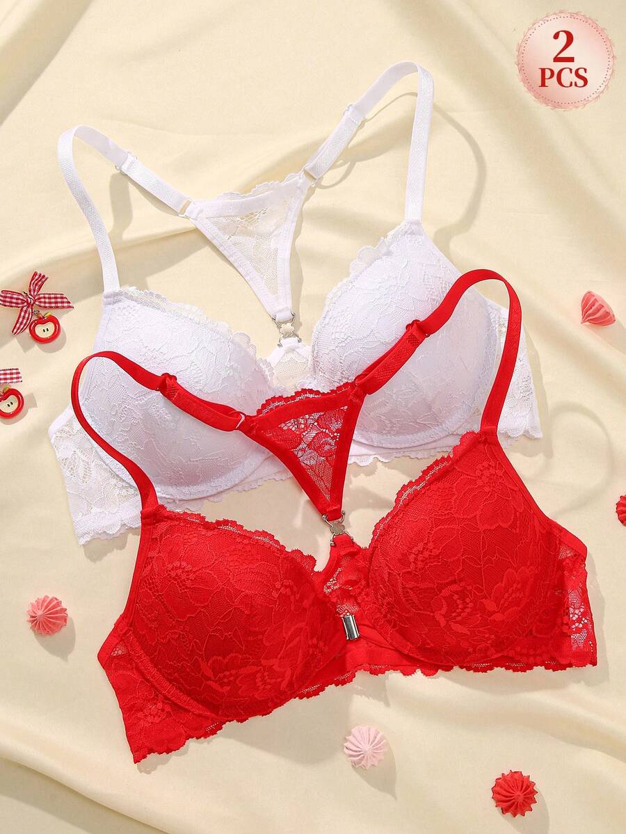 mimilemon 2pcs Front Closure Lace Underwire Push-Up Bra Set - Sexy Back Design, Comfortable Supportive Fit, Suitable For Daily & Sexy Looks