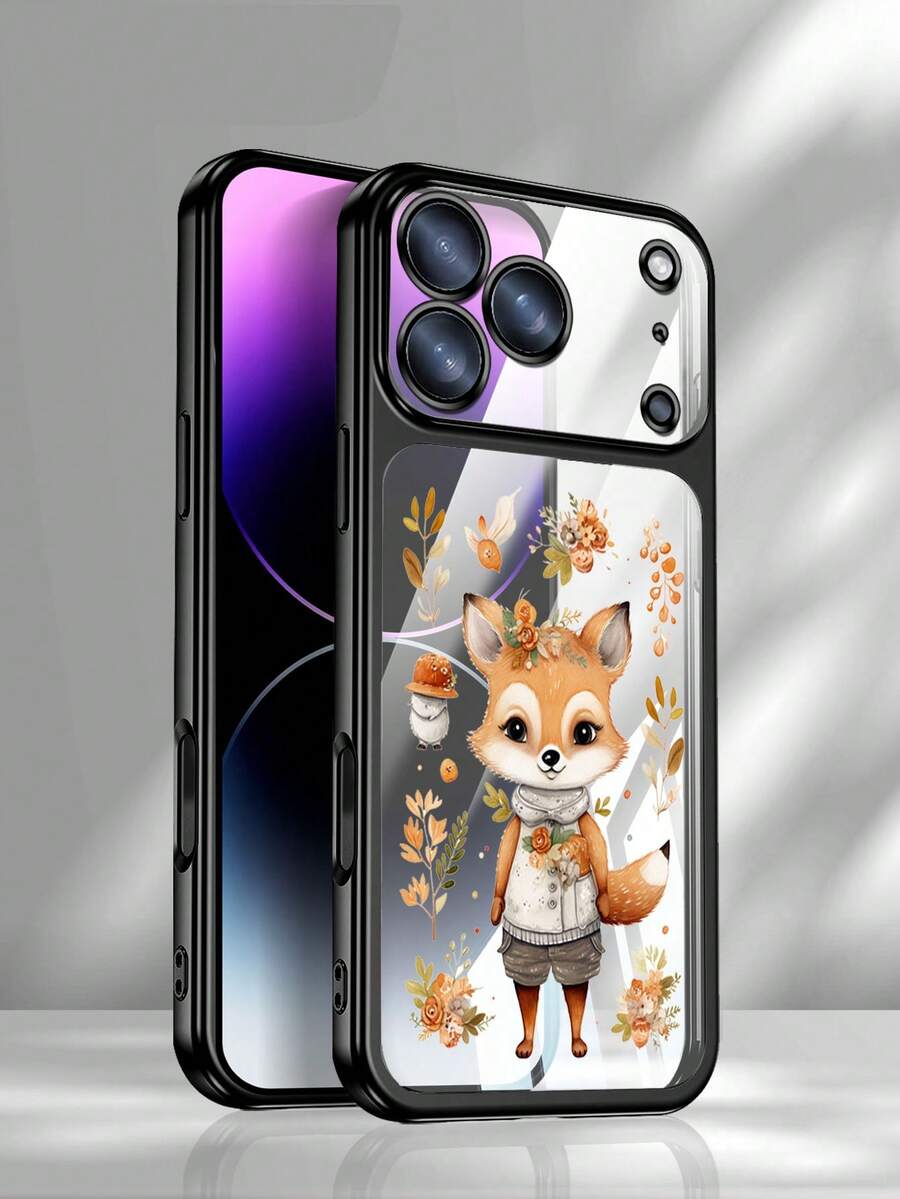 Coque de téléphone transparente de haute qualité, plaquée électrolytiquement, pour iPhone 17 Pro Max et 17 Air. Design élégant et mat, orné d'un renard, de fleurs et de feuilles d'automne. - Noir - Voir 1