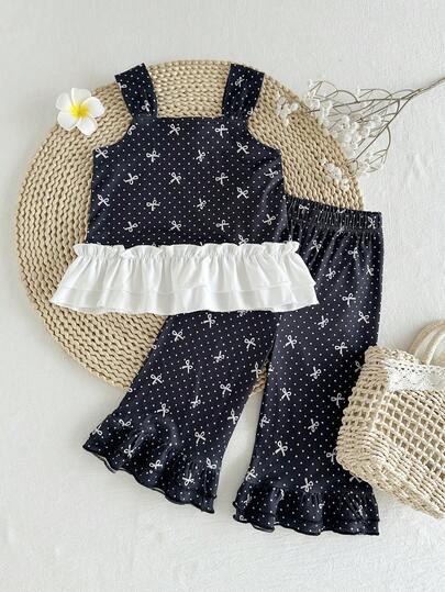 2pcs Baby Girls' Butterfly & Polka Dot Ruffle Hem Vest And Pants Set, Suitable For Summer Outdoor Wear