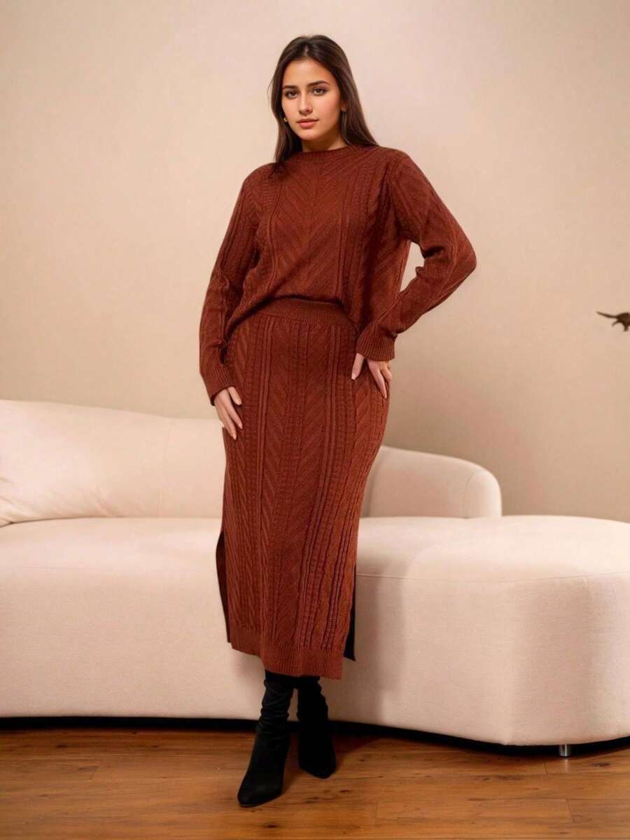 Conjunto Feminino Tricot Modal – Saia Midi + Blusa Manga Longa Inverno Casual Elegante e Quentinho