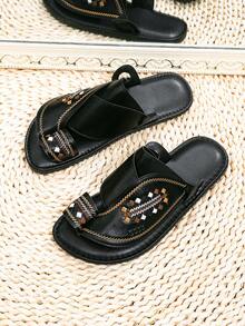 Men's Middle Eastern Arabic Style Basic Faux Leather Sandals, Black Casual Beach Slippers - Black - View 3