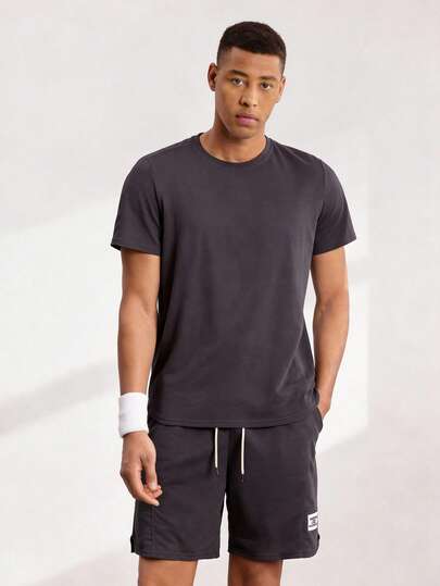 Driftmere 男士时尚纯色短袖T恤和短裤套装，舒适服装