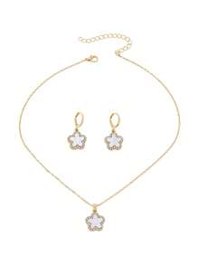 Set de 3 piezas de collar con colgante de flor de metal con cadena de serpiente, trébol y cristales de estrás, y aretes a juego, elegante para regalo de fiesta o festival, adecuado para mamá - Amarillo Oro - Ver 5