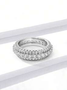 1Pc 925 Sterling Silver Three Rows Of Full Diamonds With Serrated Edges Rings For Women Fit Earring Fine Engagement Jewelry Fashionable And Exquisite Shiny Crystal Earrings Fine Jewelry - Silver - View 5