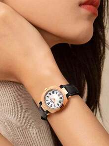 Marvin Reloj de mujer de alta calidad con movimiento de cuarzo suizo, pantalla de fecha de 3 manecillas, movimiento de cuarzo, cristal de zafiro, esfera de nácar, correa de cuero genuino - Negro - Ver 2