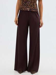 Women Satin Silk Wide Leg Pants Casual Elastic High Waist Solid Color Loose Fit Lounge Pants Office Ladies Work Trousers Daily Sleep Pants Y2K Streetwear - 棕色 - 查看 6