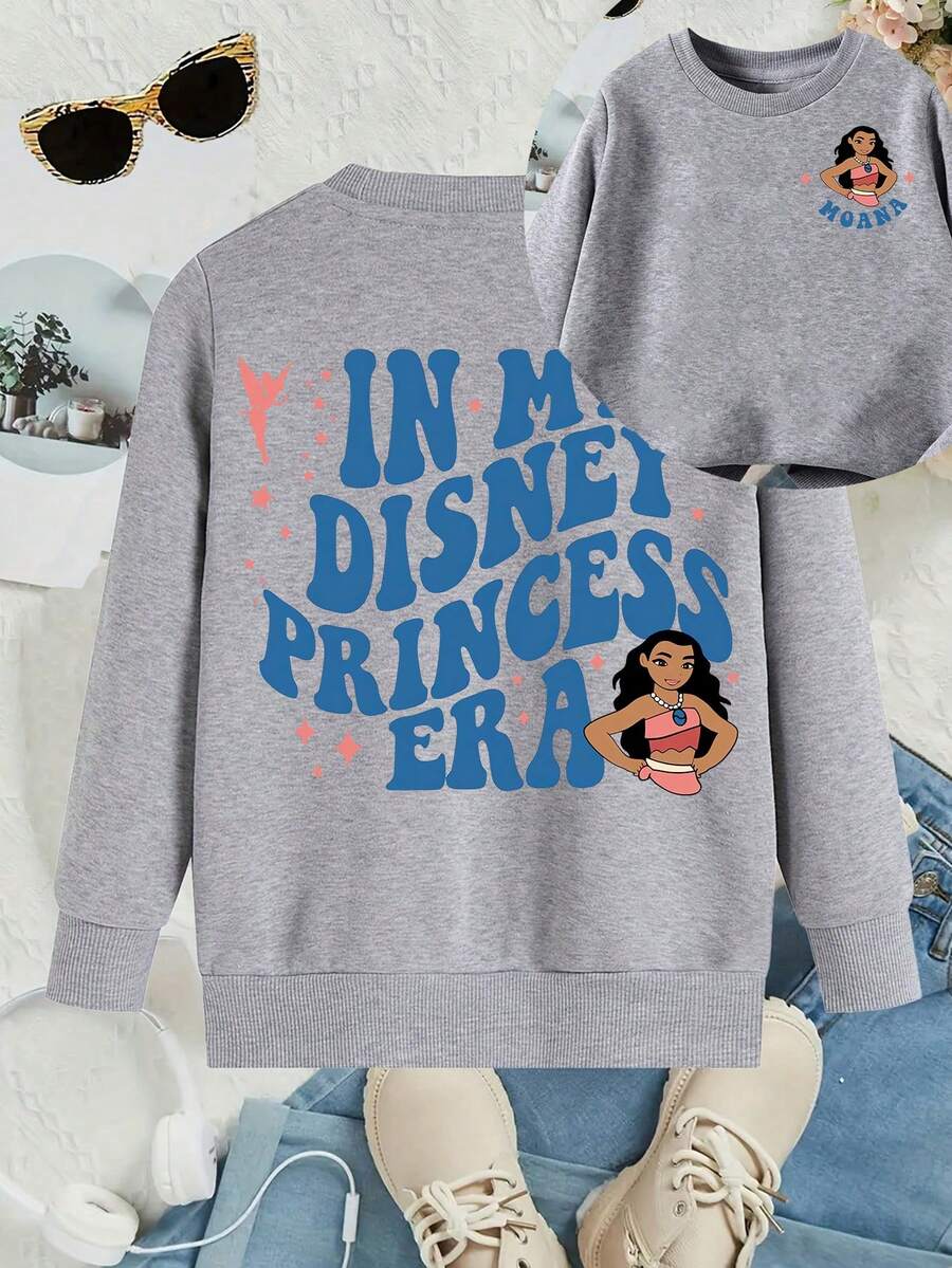 This Disney Girls' Sweatshirt Features A Creative Double-Sided Cartoon Print Of Moana Princess Lettering. It's A Round Neck Sweatshirt Perfect For Autumn And Winter, Made Of Soft And Comfortable Fabric, Suitable For Everyday Wear, Shopping, School, And Casual Occasions. It Also Makes A Wonderful Gift. - 灰色 - 查看 1