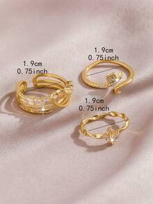 3pcs Set Gold Cubic Zirconia Heart & Cross Adjustable Rings, Luxury Crystal Rings For Women - Gold - View 3