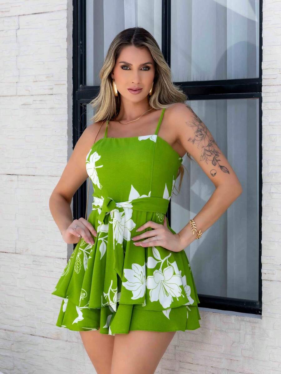 Basic Printed Romper With Padded Cups Duna Premium Sizes P, M, G, And GG - Tropical Green - View 1