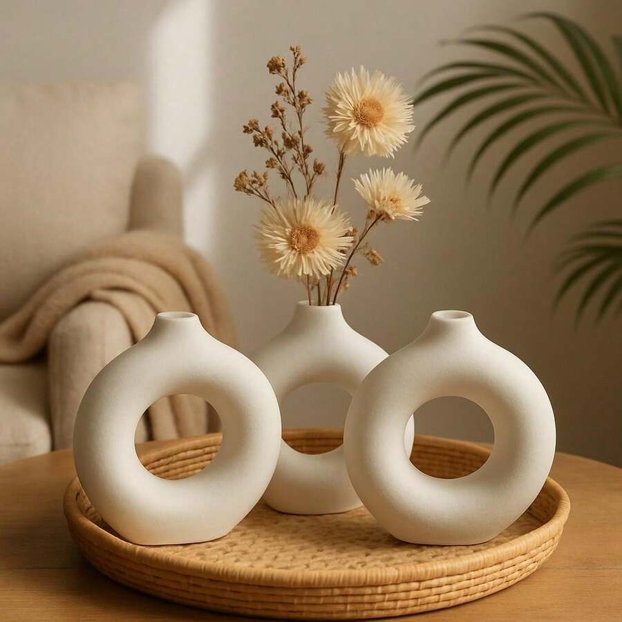 Trio Of Round Minimalist Vase Donuts Donut Black Abstract Modern Minimalist Black And White - White - View 1