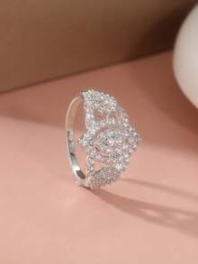 Luxury Inlaid Shiny Cubic Zirconia Elegant Promise Ring, Wedding Engagement Party Gift For Women - Silver - View 3