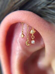 EleRunis 1件925纯银流苏星形不对称月亮耳钉，平底耳骨耳廓穿孔饰品，适合女性日常佩戴，也适合婚礼、派对、订婚、周年纪念、情人节等场合。 - 金色 - 查看 18