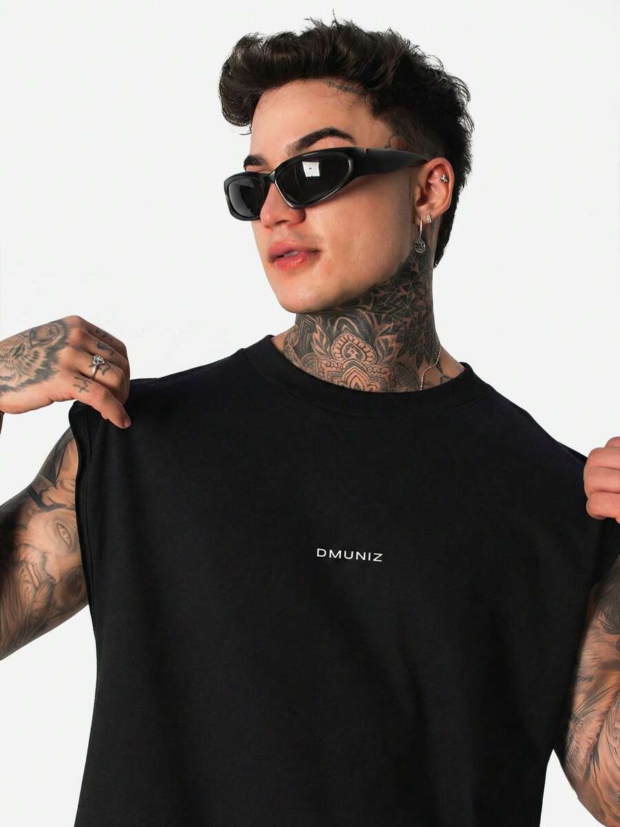 DMUNIZ Oversized Tank Top, Crew Neck, Streetwear, Printed Chest, 100% Cotton, New Release - 黑色 - 查看 1