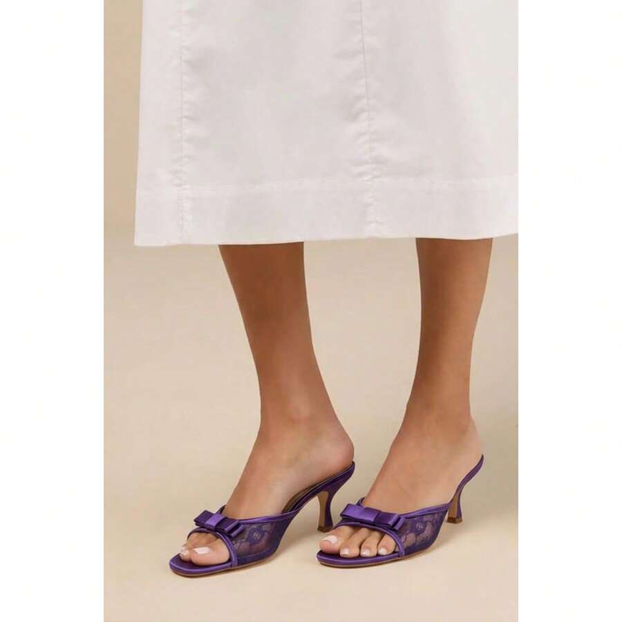 Chase & Chloe Women Sheer Lace Bow Heeled Mule Sandals Open Toe Slip On Dress Slide Mid Heel Elegant Evening Party Shoes - 紫色 - 查看 1