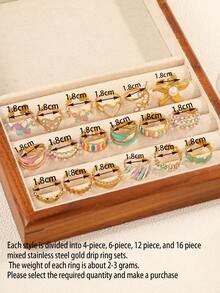 4/6/12/16pcs Stainless Steel 18K Gold Plated Mixed Pattern Rings Set, High Quality Resin Inlaid, Assorted Shapes, Adjustable Size, Suitable For Women Daily Decoration Or Gift - Yellow Gold - View 5